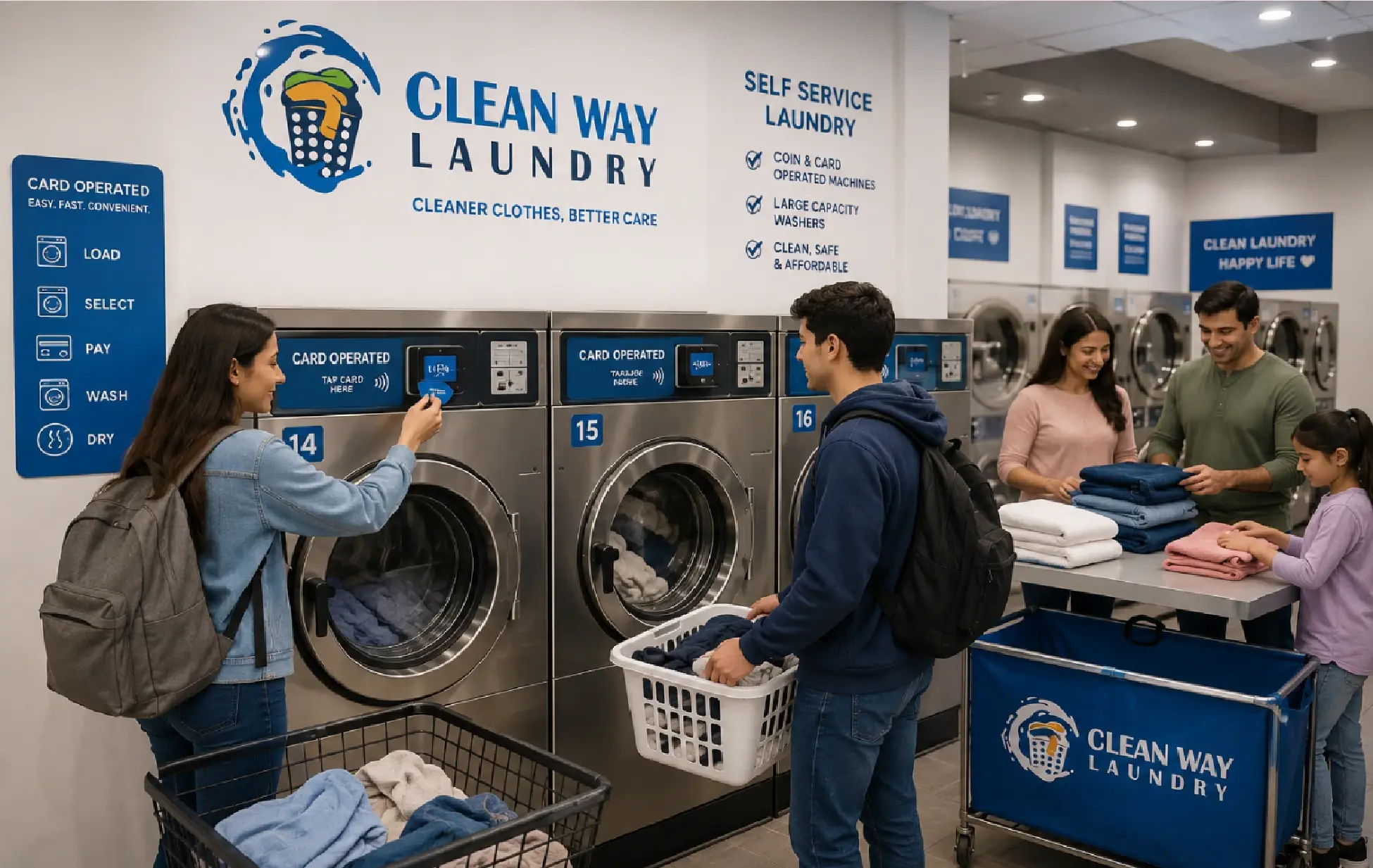 Customers Using Coin Operated Washers And Card Operated Laundry Machines At Clean Way Laundry Self Service Laundromat